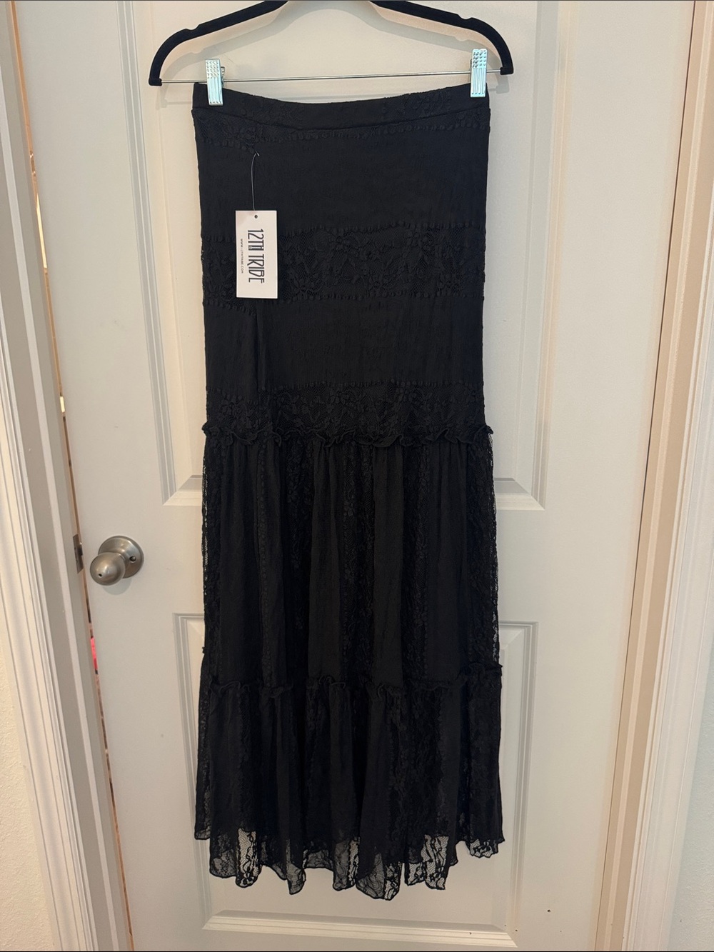 12TH Tribe  Black Lace Tiered Maxi Skirt